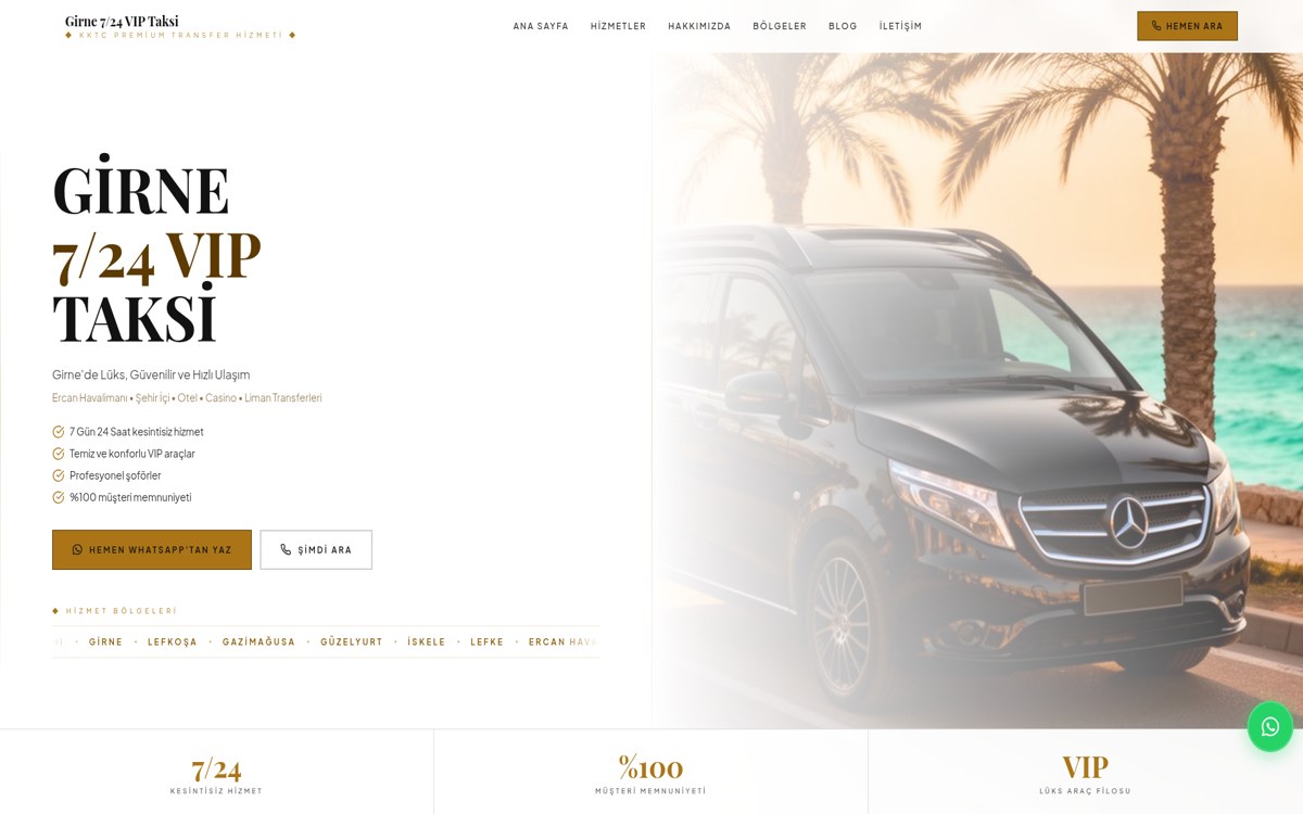 Girne VIP Taksi 7/24 web sitesi ana sayfa tasarımı